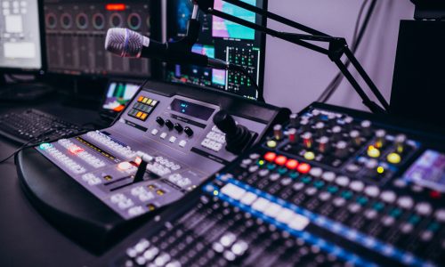 Equipment in an empty musical recording room